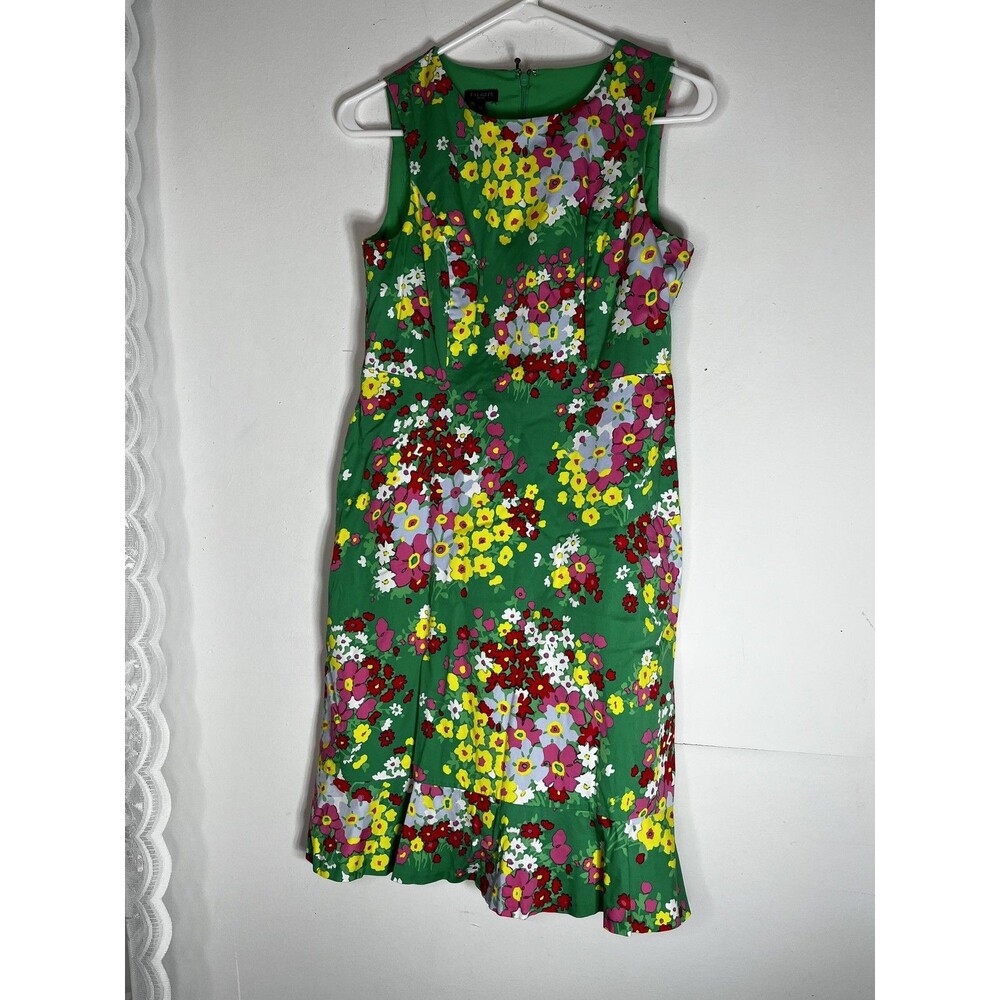 Talbots Dress Womens Petite 2P Green Floral Sleeveless Sheath Ruffle Hem Party